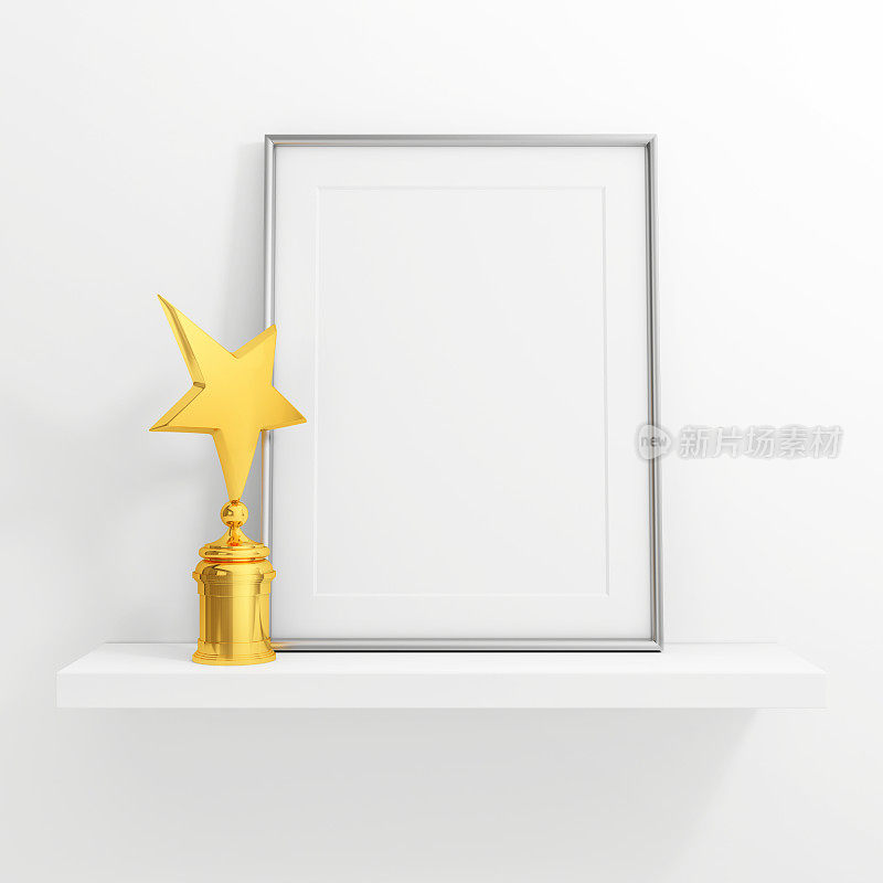 金星奖和白色架子上的空白相框
