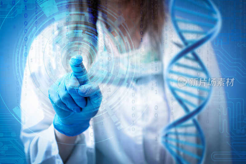 女医生或护士触摸未来的全息屏幕。基因、医学和创新技术概念。