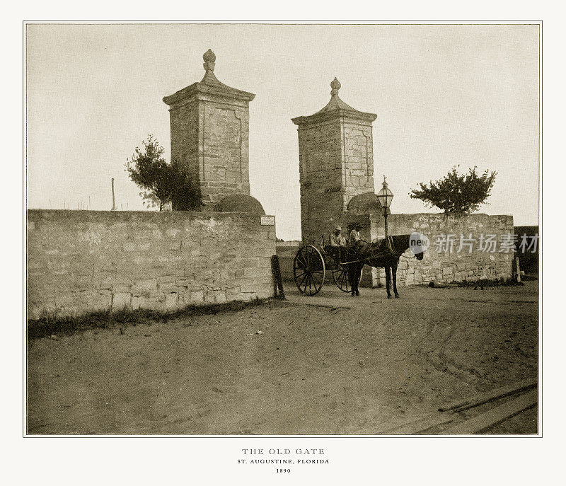 古城门，美国佛罗里达州圣奥古斯丁，美国古董照片，1893年