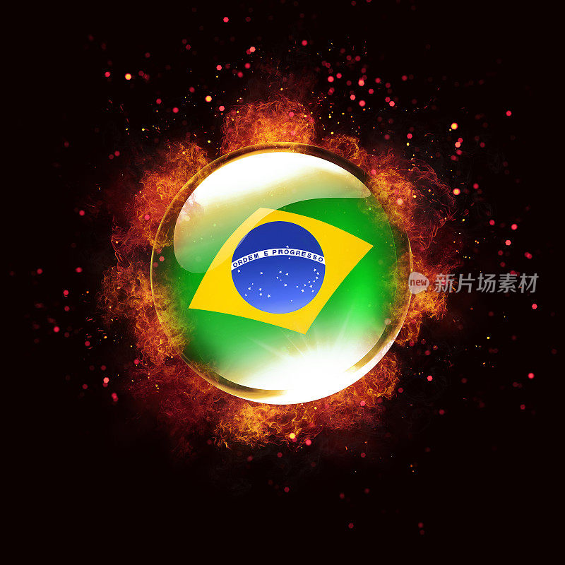 燃烧的足球与巴西国旗在黑色背景