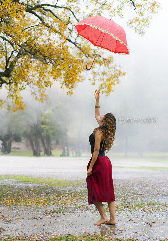 在雨中撑伞的漂亮女人