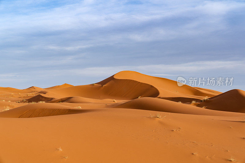 巨大的橙色沙状沙丘和多云的天空在Merzouga沙漠，摩洛哥。