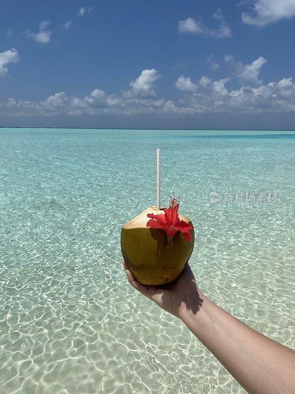 手握椰子饮料在马尔代夫礁湖