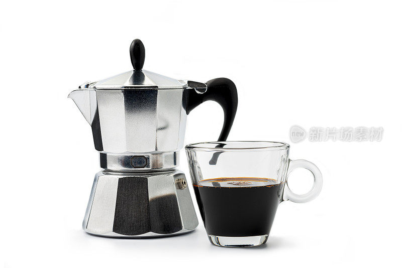 摩卡咖啡壶和浓缩咖啡杯