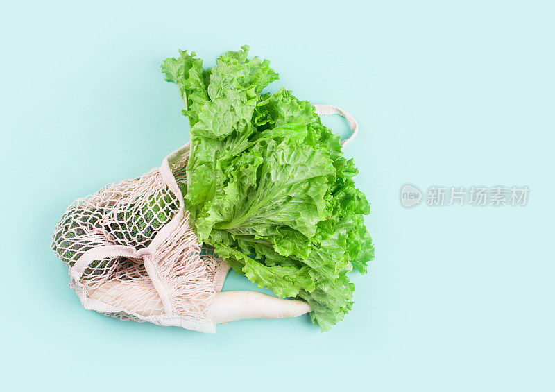蔬菜类，菠菜叶、生菜、大葱、萝卜、卷心菜等，用绳子编成购物袋供食用。“零浪费”