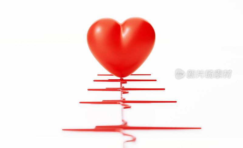 白色背景下红色心脏后的红色心电图线