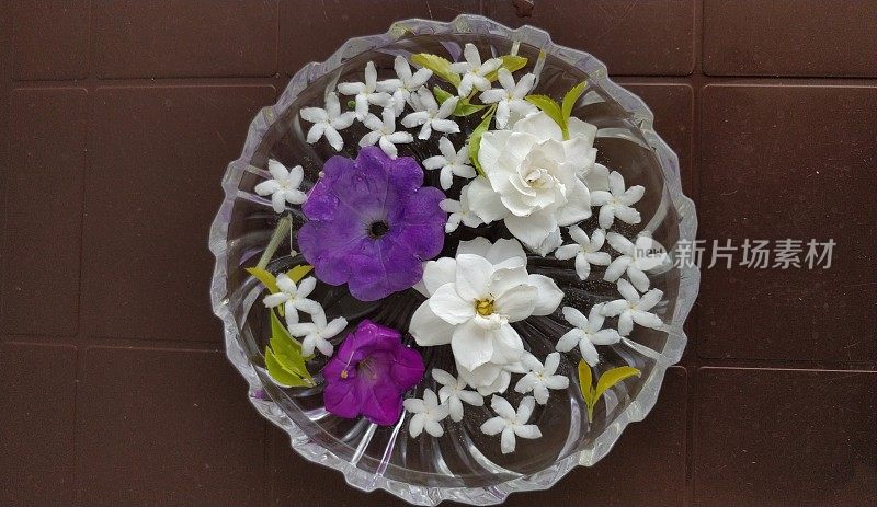 白色的茉莉花，白色的山茶花和紫色的矮牵牛花装饰在装满水的水晶盘里