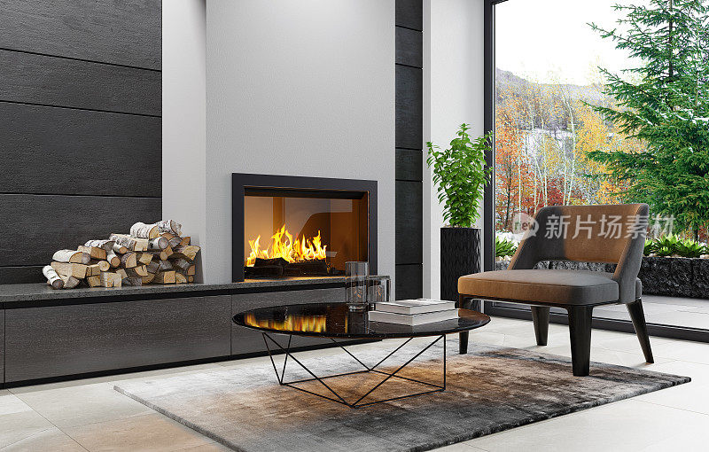 现代极简公寓室内客厅与壁炉