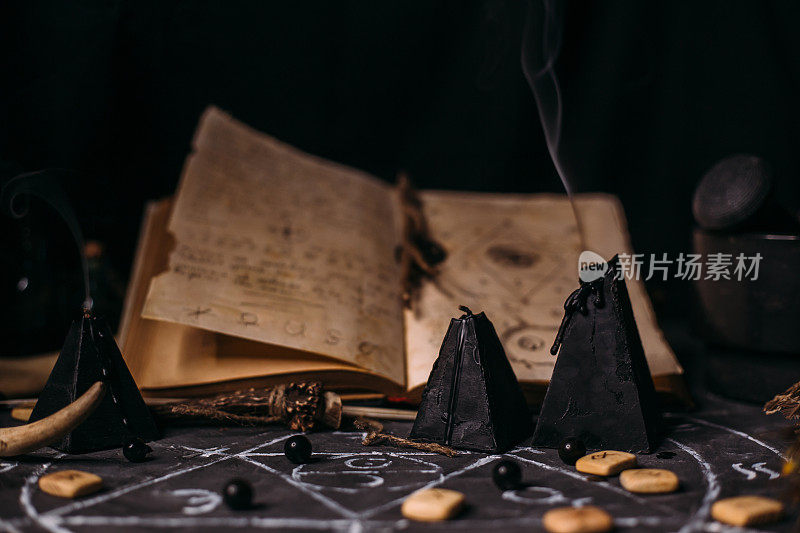 打开一本古老的书，上面有魔咒、符文、女巫桌上的黑蜡烛。神秘，深奥，占卜和巫术崇拜的概念。