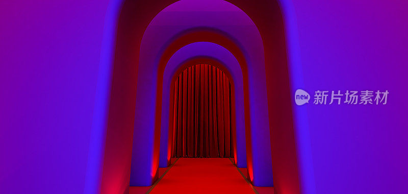 步道拱门的3d渲染，走廊，长隧道与拱门