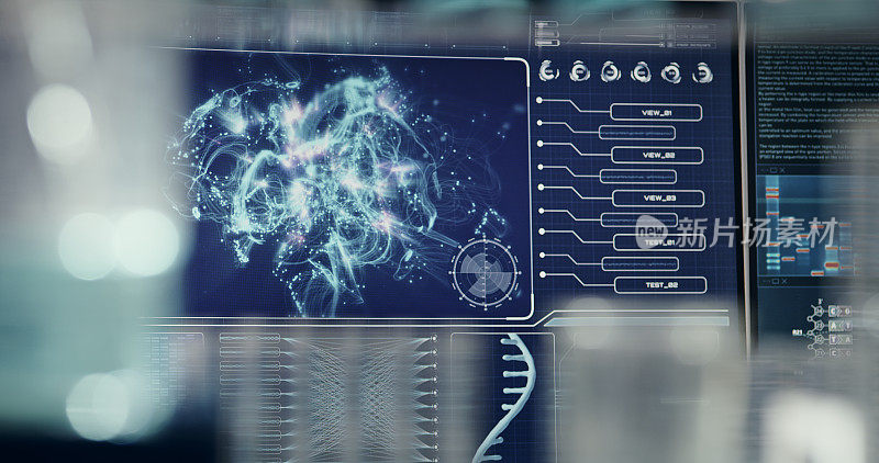 实验室设备。屏幕上的大脑模型。