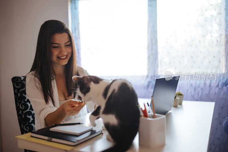 年轻女子在家开会时被她的猫打断