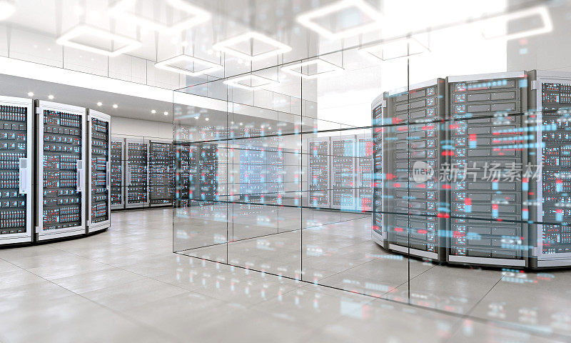 现代数据中心与计算机服务器托管在一个大明亮的空间