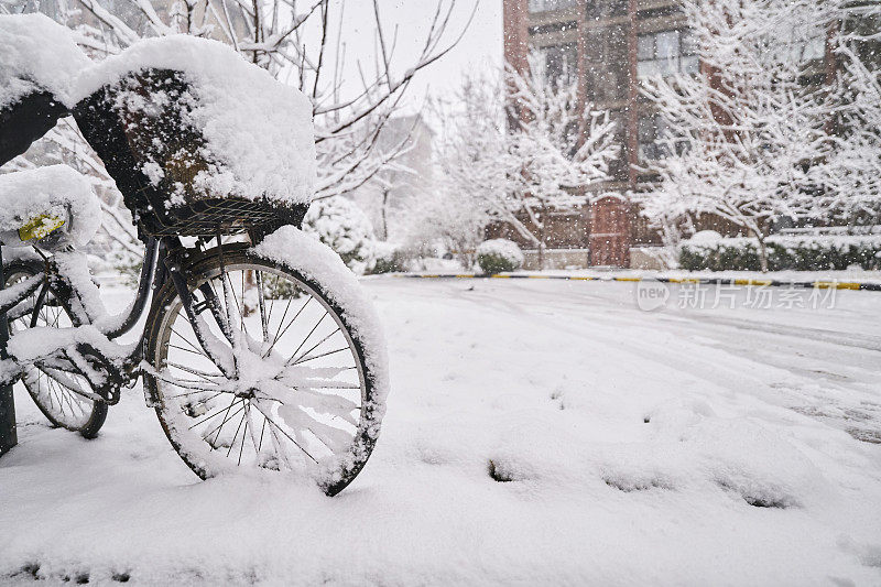 大雪天气:自行车、树木和街道上覆盖着厚厚的积雪