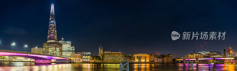 伦敦桥碎片泰晤士河堤岸在夜间照明全景