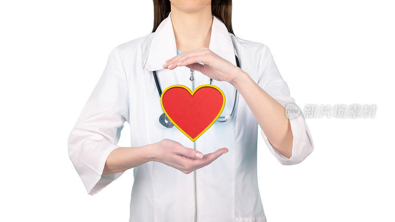 女医生手里拿着心脏模型。人体器官手绘，红色象征疾病。医疗保健医院服务理念图片库