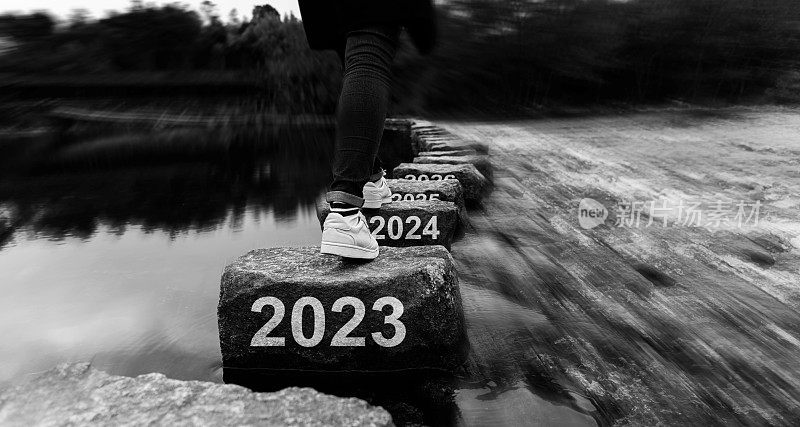 女性正在跨过2023、2024和2025年新年的垫脚石