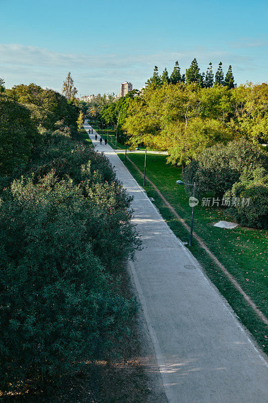 西班牙瓦伦西亚的一个城市景观，有大片的绿色公园