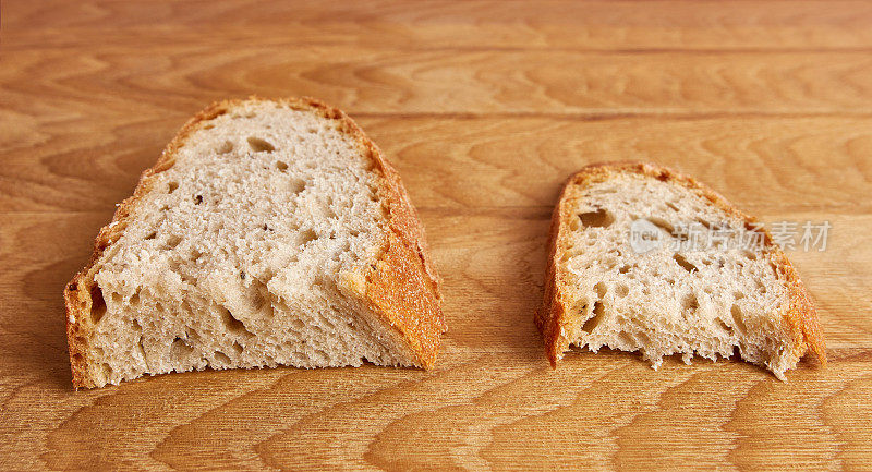 两片面包，一块大一点，一块小一点，放在木桌上。粮食危机。面包和食品价格上涨。