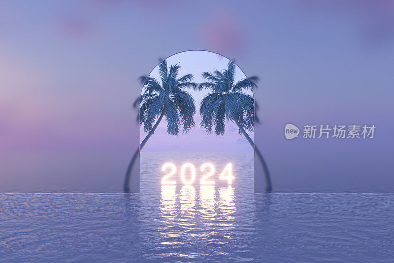 2024年海上霓虹灯和棕榈树