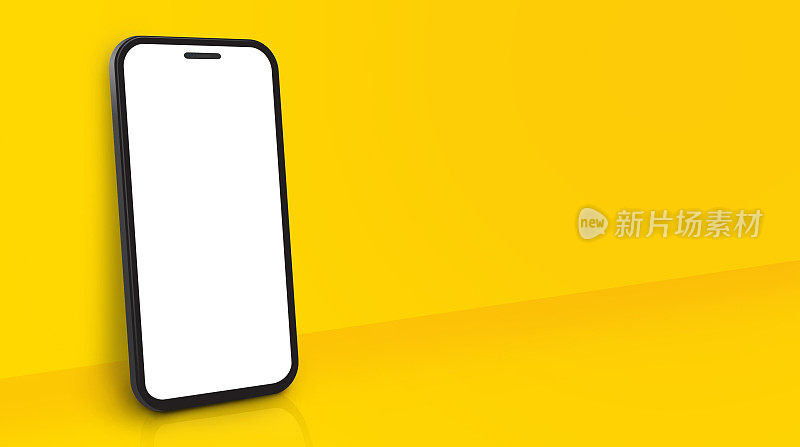 手机模型与透视视图在黄色背景。空白智能手机屏幕包括剪辑路径，便于编辑。