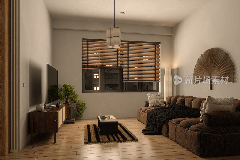 现代日本风格的客厅室内在晚上与沙发，电视和盆栽植物