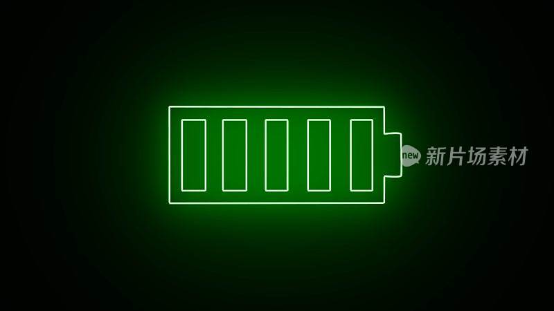 绿色霓虹灯线电池充电水平指示图标隔离在黑色背景。电池图标说明。电量低的手机。霓虹灯电池电源图标有力充电。