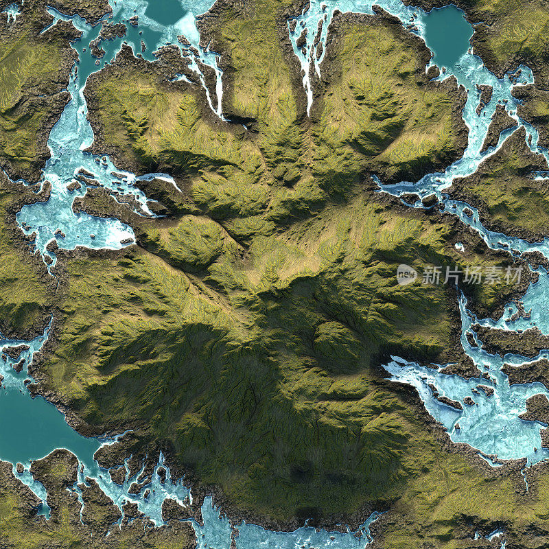被溪流环绕的山的3D俯视图渲染。