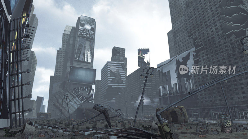 被世界末日摧毁的纽约曼哈顿时代广场，3D渲染