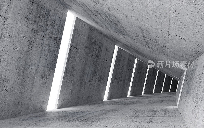 空抽象的混凝土内部，倾斜隧道的3d渲染