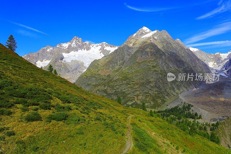 田园牧歌式的勃朗峰高山田园景观草甸、小径、奥斯塔