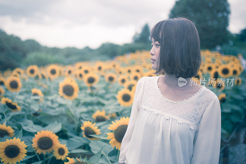 年轻女子站在向日葵地里