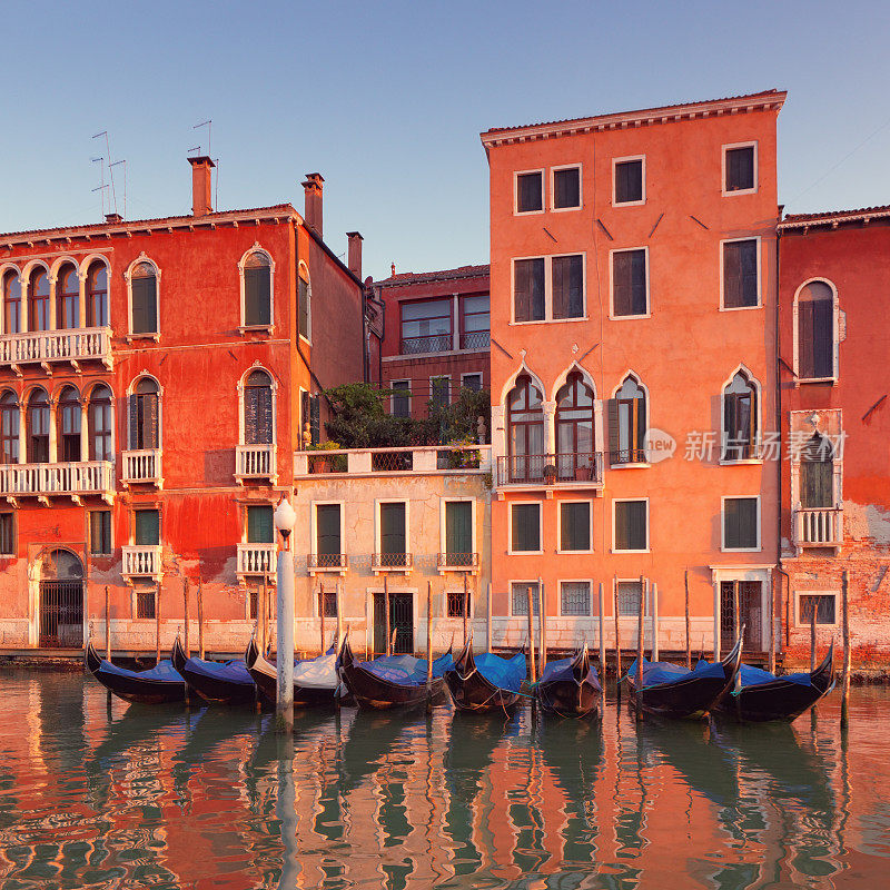 威尼斯大运河沿线的宫殿和停靠的贡多拉