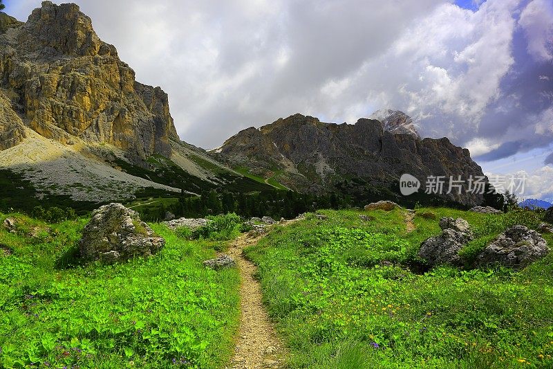 阿尔卑斯田园诗般的风景，Falzarego山径，意大利泰洛阿尔卑斯