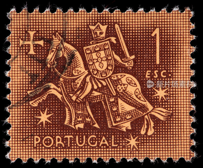 葡萄牙复古邮票描绘一个骑在马背上的葡萄牙十字军