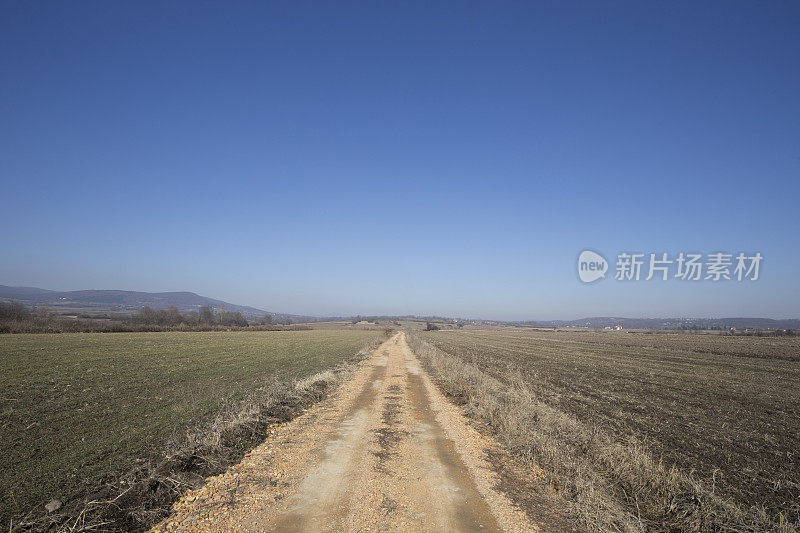 在初春阳光明媚的日子里，泥泞的乡村道路穿过农田