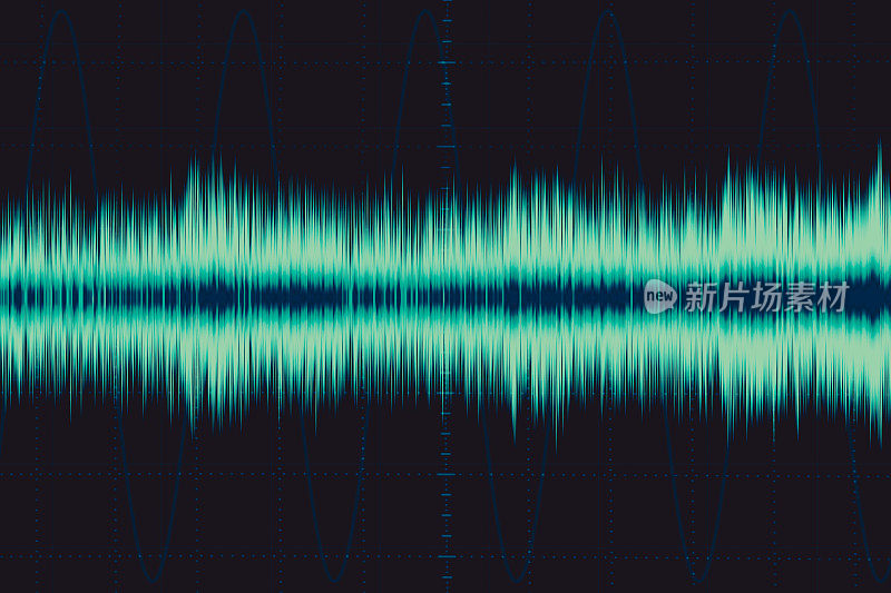 电子波。声音频率波。示波器的数字波形信号在绿屏上显示。