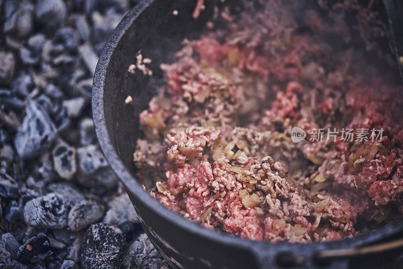 在荷兰烤炉上用原木火烹饪辣味牛肉