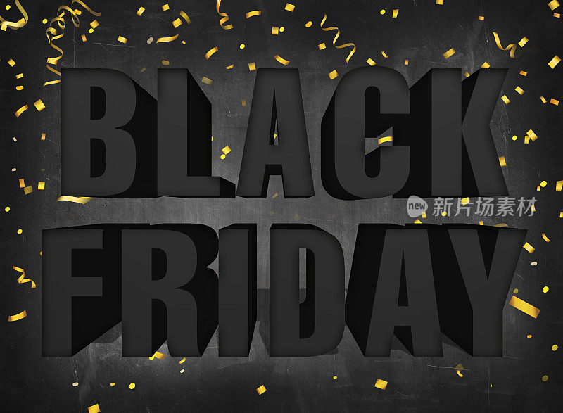 黑色星期五的超级销售标志在黑色的黑板背景和金色的派对五彩纸屑