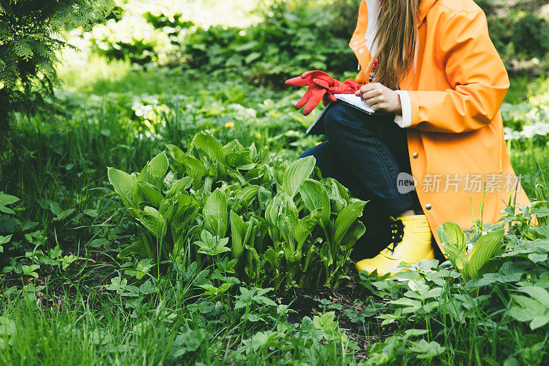 女人在花园里做关于种植的笔记