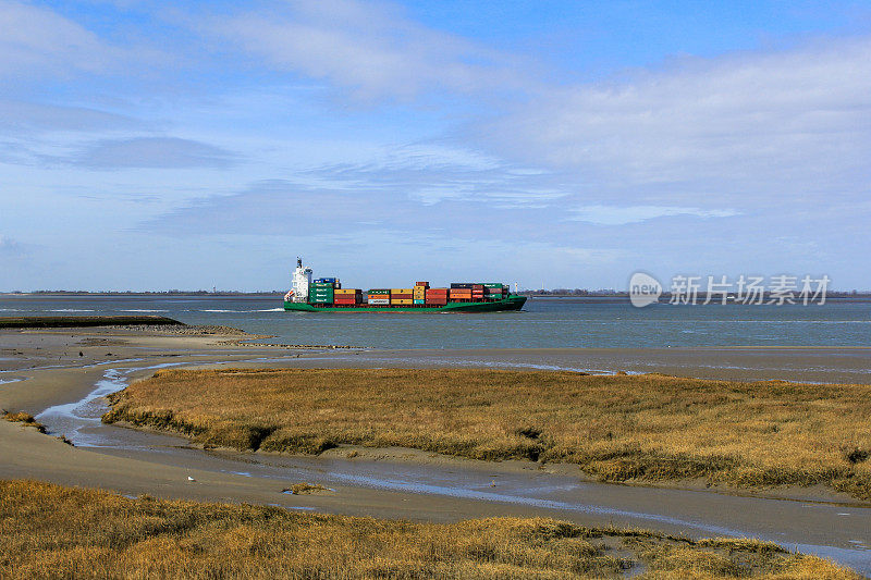 一艘集装箱船正沿着斯凯尔特河的盐沼驶向安特卫普