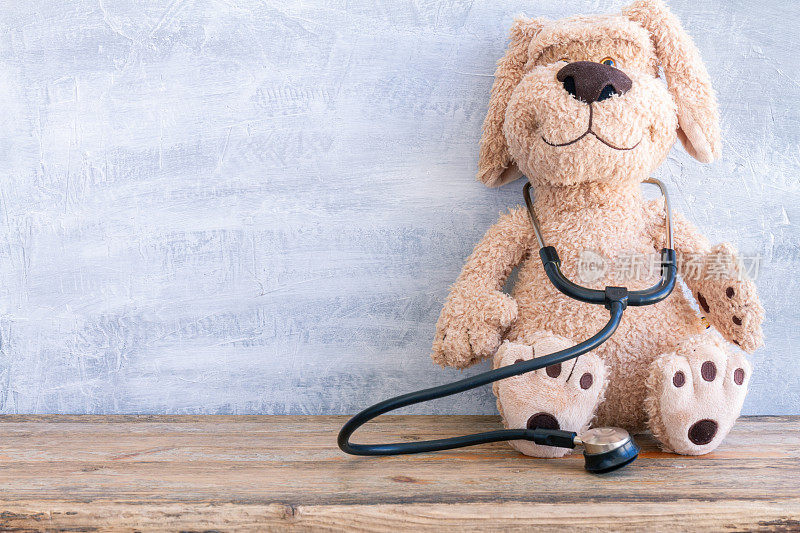 毛绒狗动物表现为一个儿科医生拿着一个带有拷贝空间的听诊器