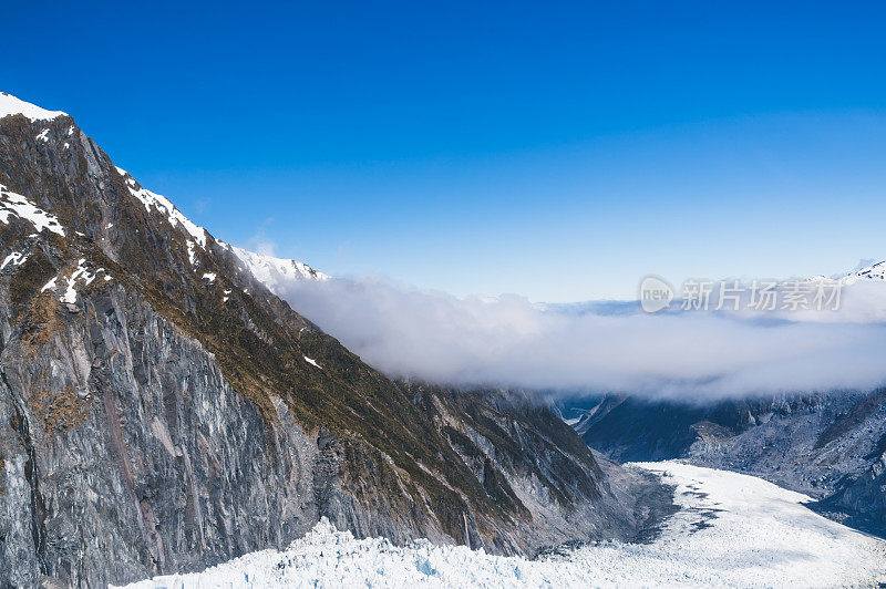 从直升机鸟瞰塔斯曼冰川雪山在库克山，新西兰。