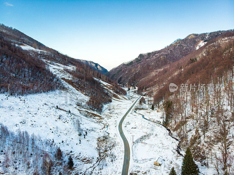 鸟瞰雪山中的荒野公路