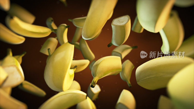 3D新鲜香蕉落下-慢动作。