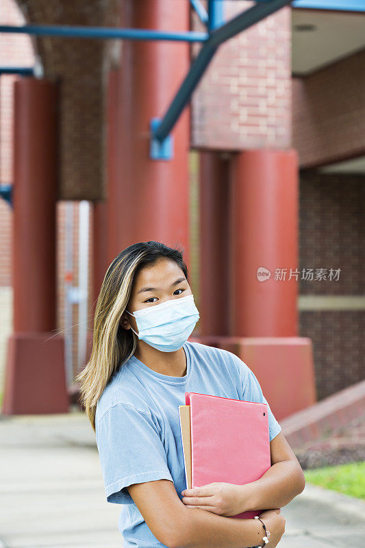 一名中国少年戴着防护口罩站在学校外面