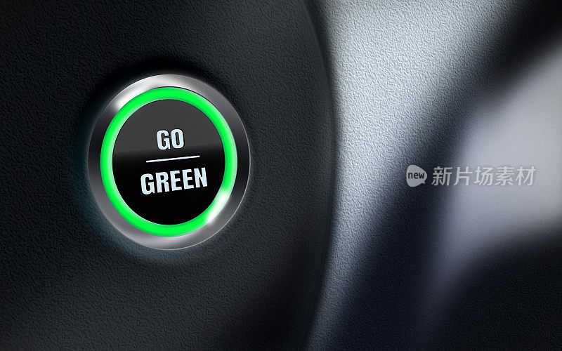 去绿色标题汽车启动按钮在仪表板上