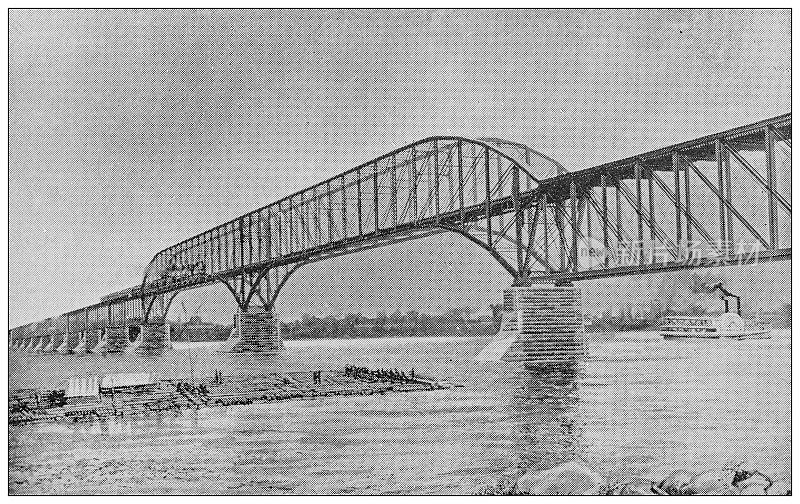 加拿大蒙特利尔的古董黑白照片:圣劳伦斯桥，c.p.r.，拉钦