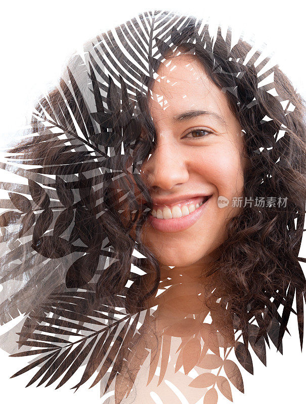 微笑的年轻女子与卷发人像结合数字插图