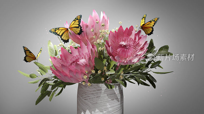 蝴蝶在一个蝴蝶灌木的白色花簇上，以花蜜为食，并在花的3D渲染中授粉